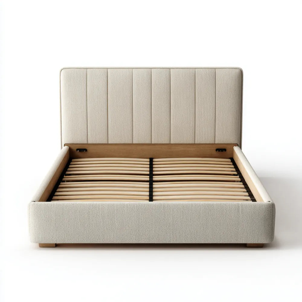 Platform Bed Frame Upholstered Fabric Queen Size 160x200x110 cm - Beige - Modern Design